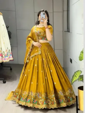 Embroidered, Embellished Semi Stitched Lehenga & Crop T...